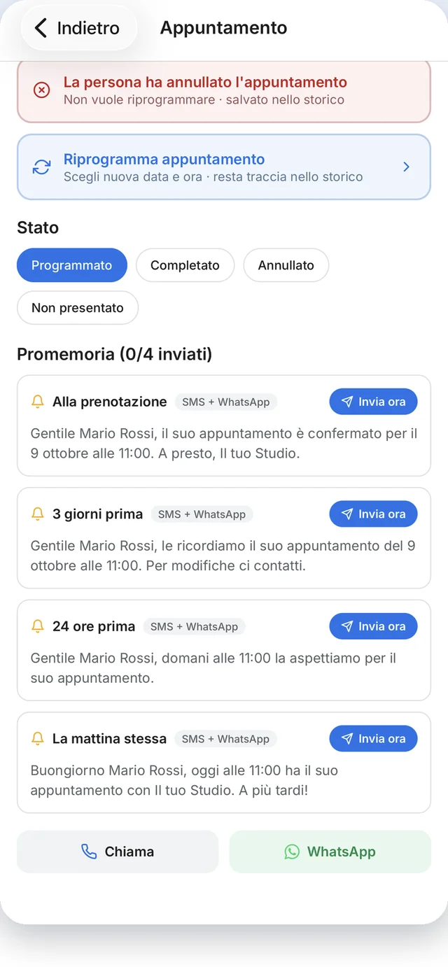 Dettaglio appuntamento con i 4 promemoria programmati