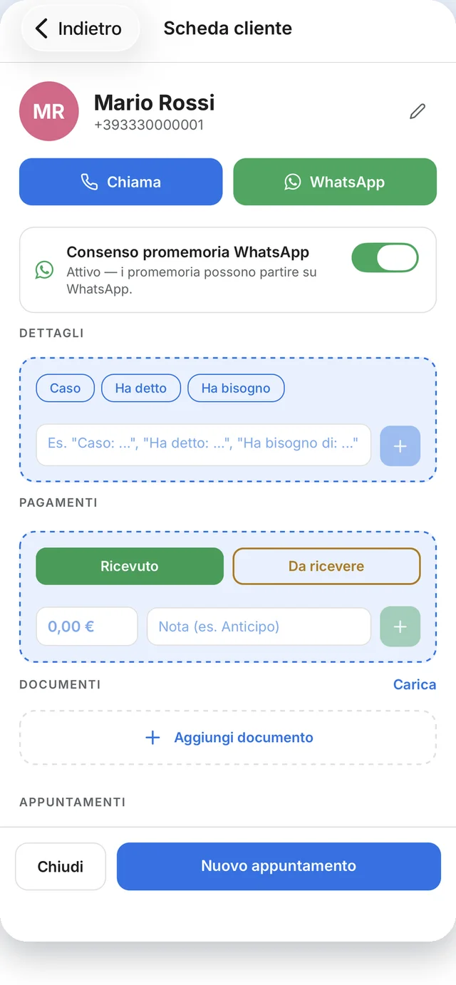 Scheda cliente con note, pagamenti e documenti